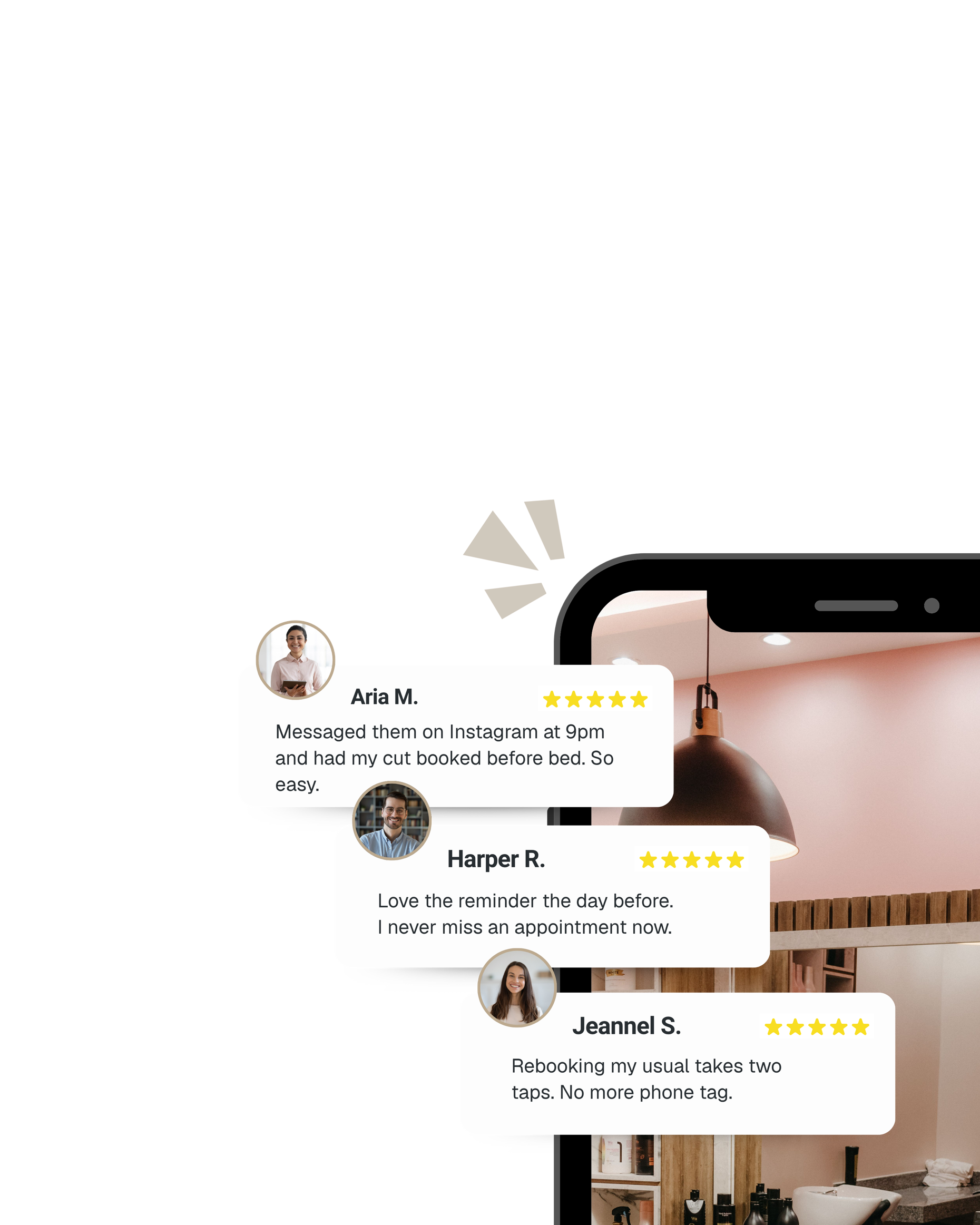 A phone showing a demo salon's interior with three example five-star Google reviews from happy clients