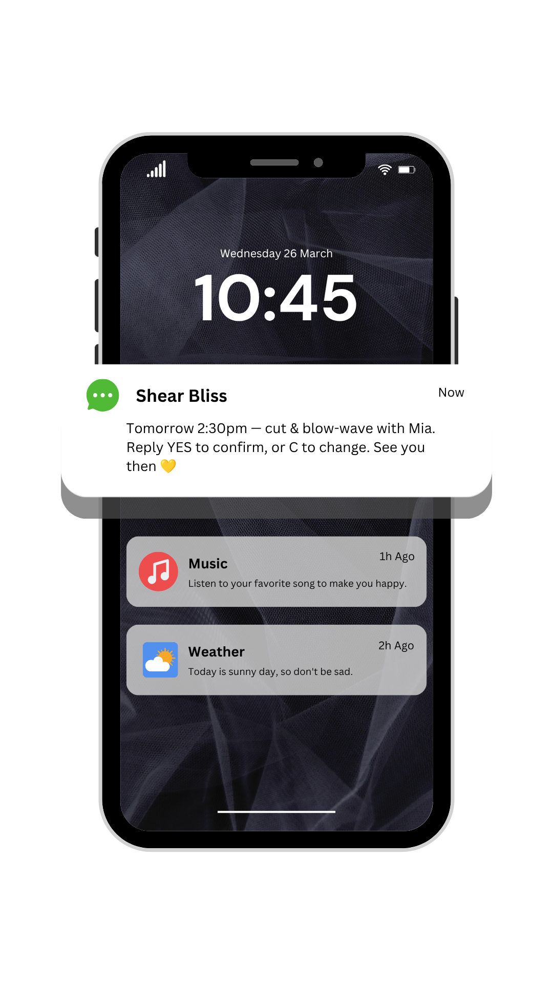 A phone lock screen showing an SMS reminder from a demo salon: tomorrow 2:30pm, cut and blow-wave, reply YES to confirm