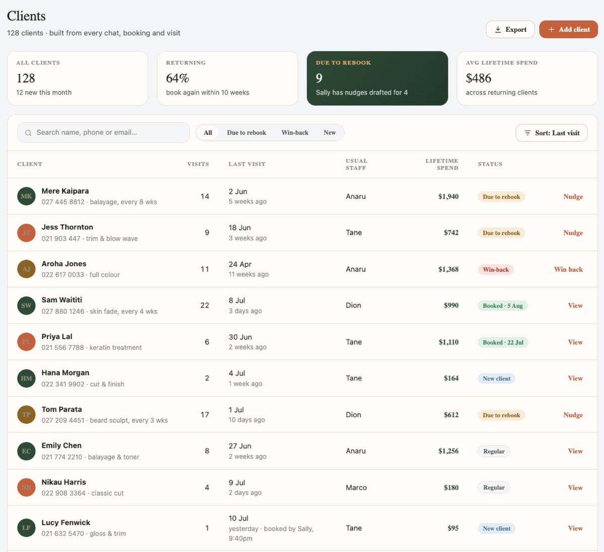 Suddenly client book: visits, lifetime spend and who's due back