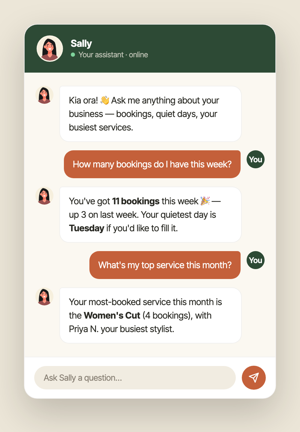 The Sally chat showing an owner asking how many bookings they have this week, with Sally answering 11 bookings, up 3 on last week.