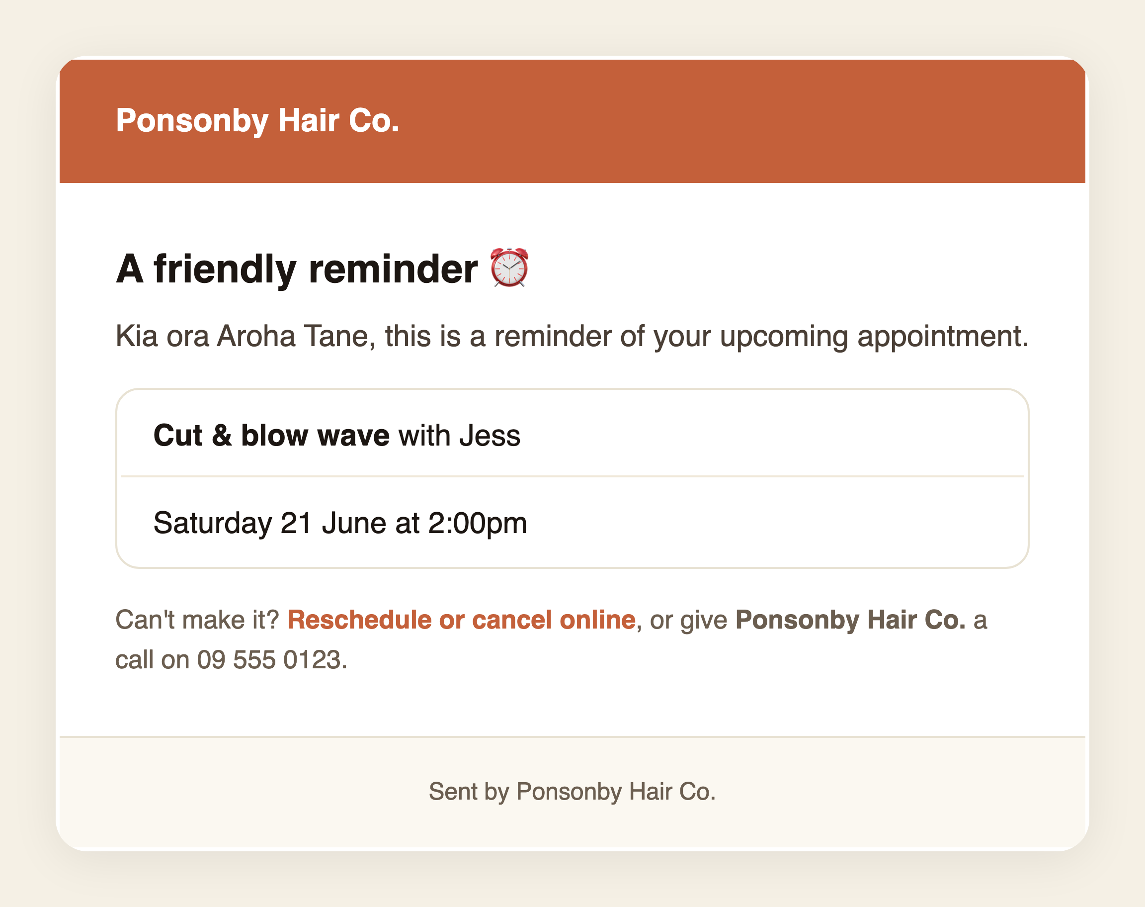 The appointment reminder email a customer receives before their visit — service, staff and time, with a Reschedule or cancel online link.
