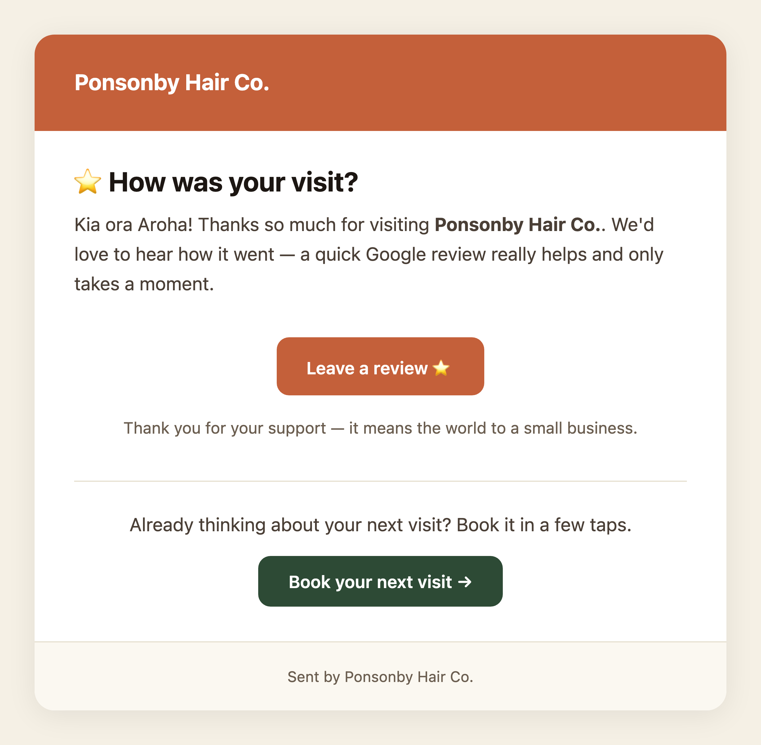 The review-request email a customer receives the day after their visit — a friendly 'How was your visit?' with a Leave a review button and a Book your next visit button.