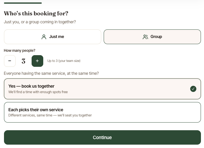 The hosted Suddenly Sorted booking page 'Who's this booking for?' step, where a customer chooses Just me or A group and picks a service for each person.