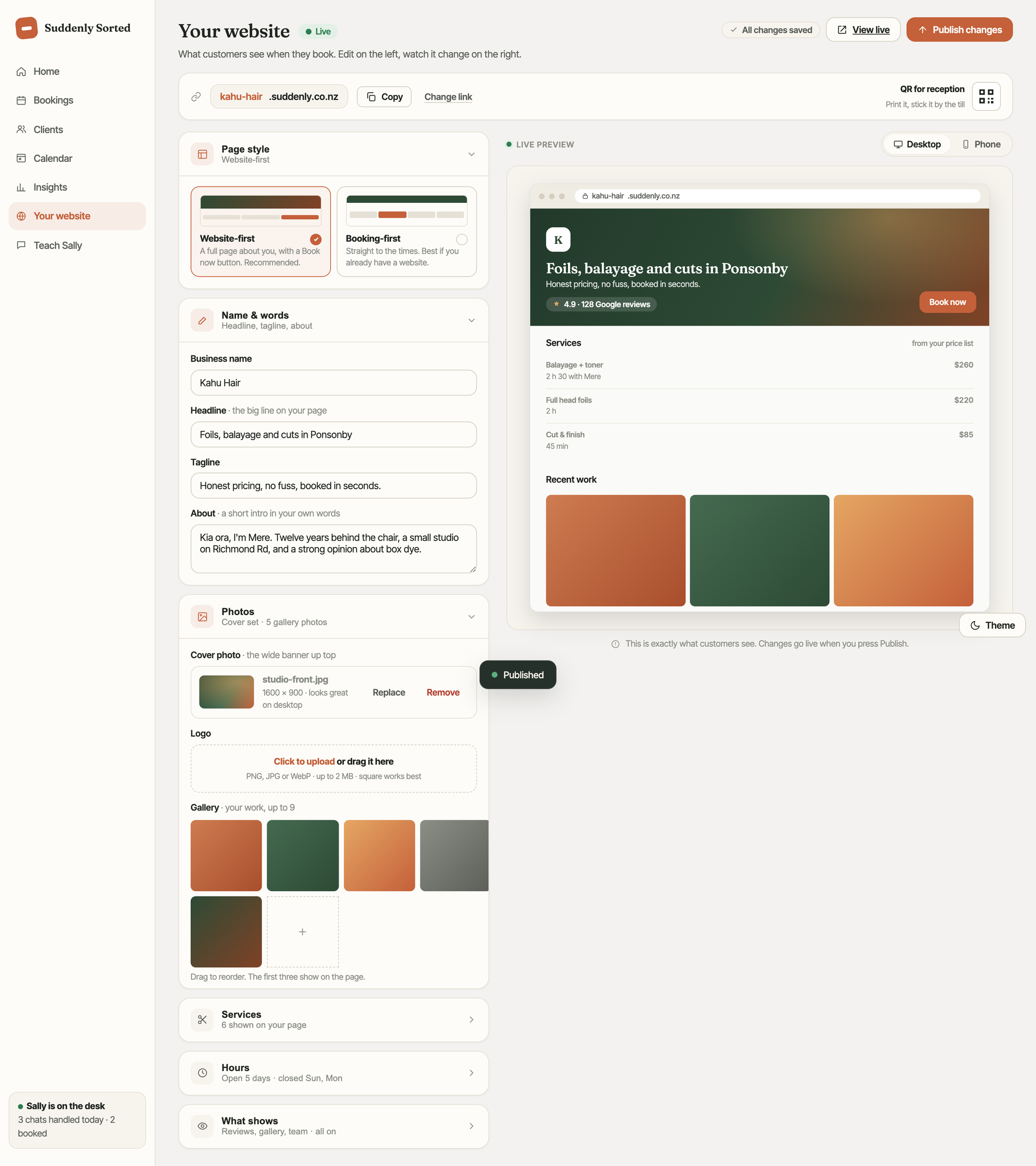 The Your website editor in the dashboard, with a live preview of your one-page site.