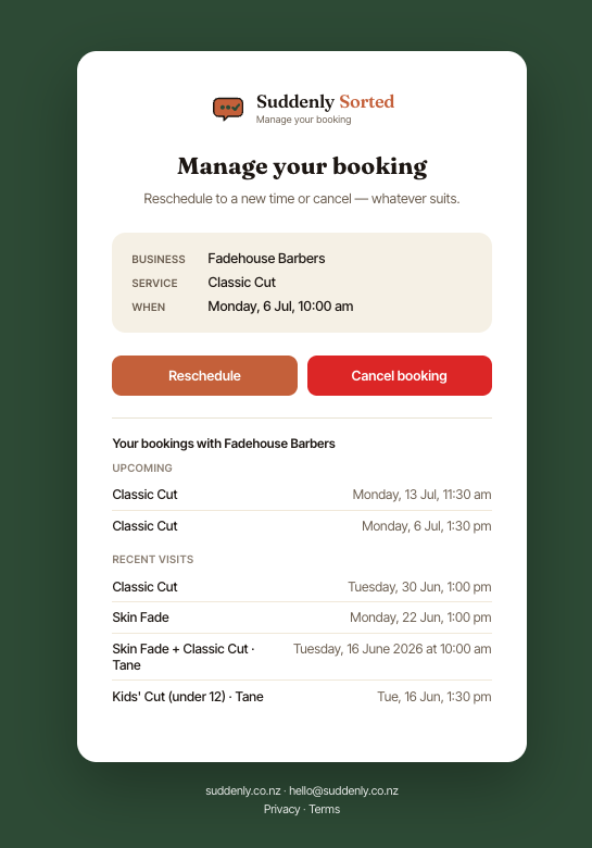 The customer 'Manage your booking' screen showing appointment details with Reschedule and Cancel booking buttons.