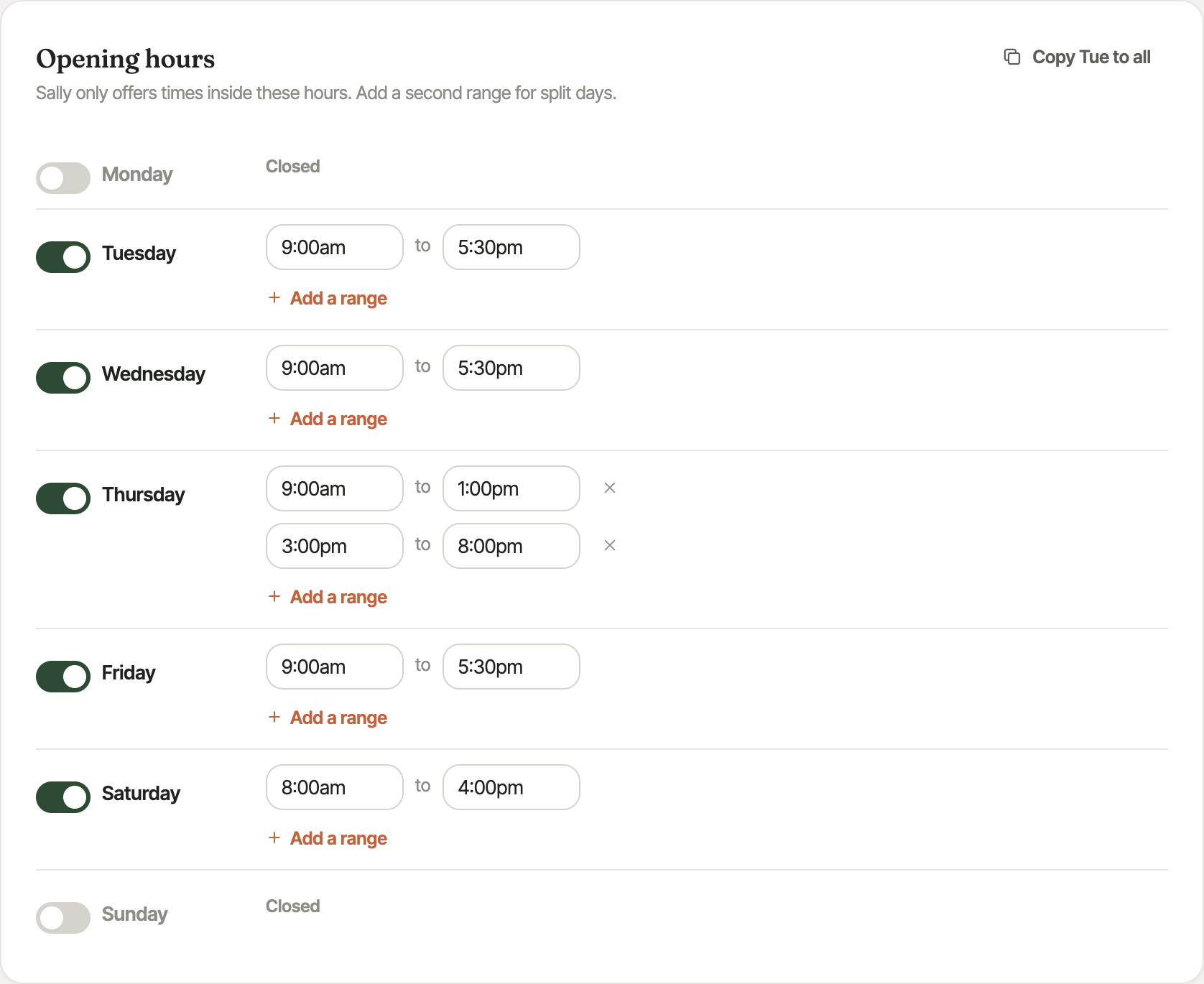 The Opening hours editor with each weekday toggled on, a from–to time range, and buttons to add another range or copy to other days.