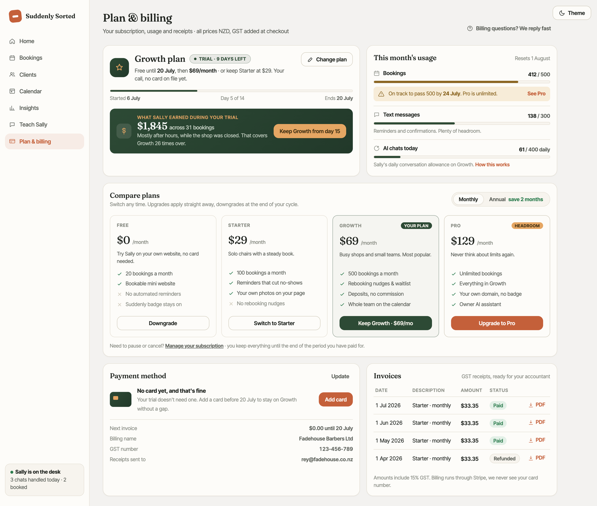 The Plan & billing page showing the current plan, usage and the plan picker.