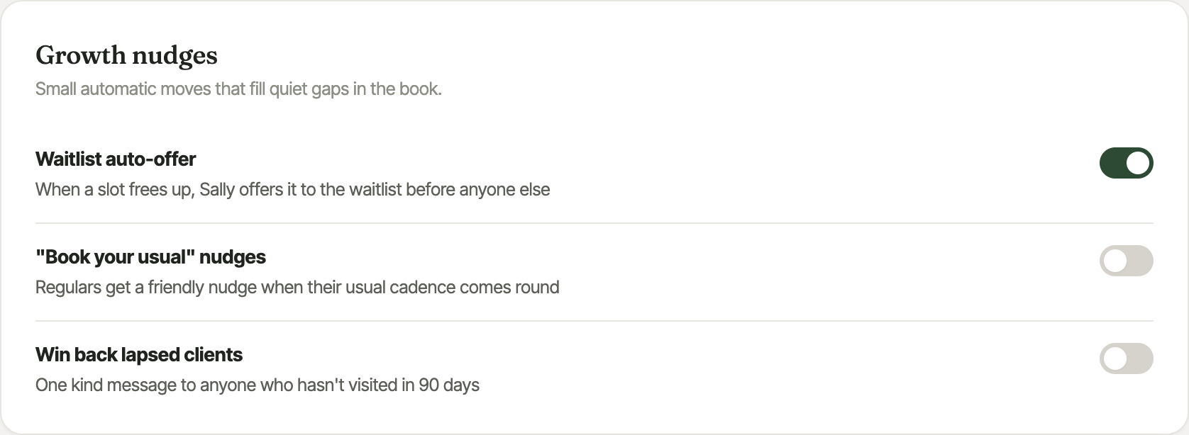 A rebooking reminder email from Ponsonby Hair Co.: a friendly note saying it's been about six weeks since the client's last balayage with Mia and they're due for a refresh, a green 'Book your next visit' button, and an Unsubscribe link in the footer.