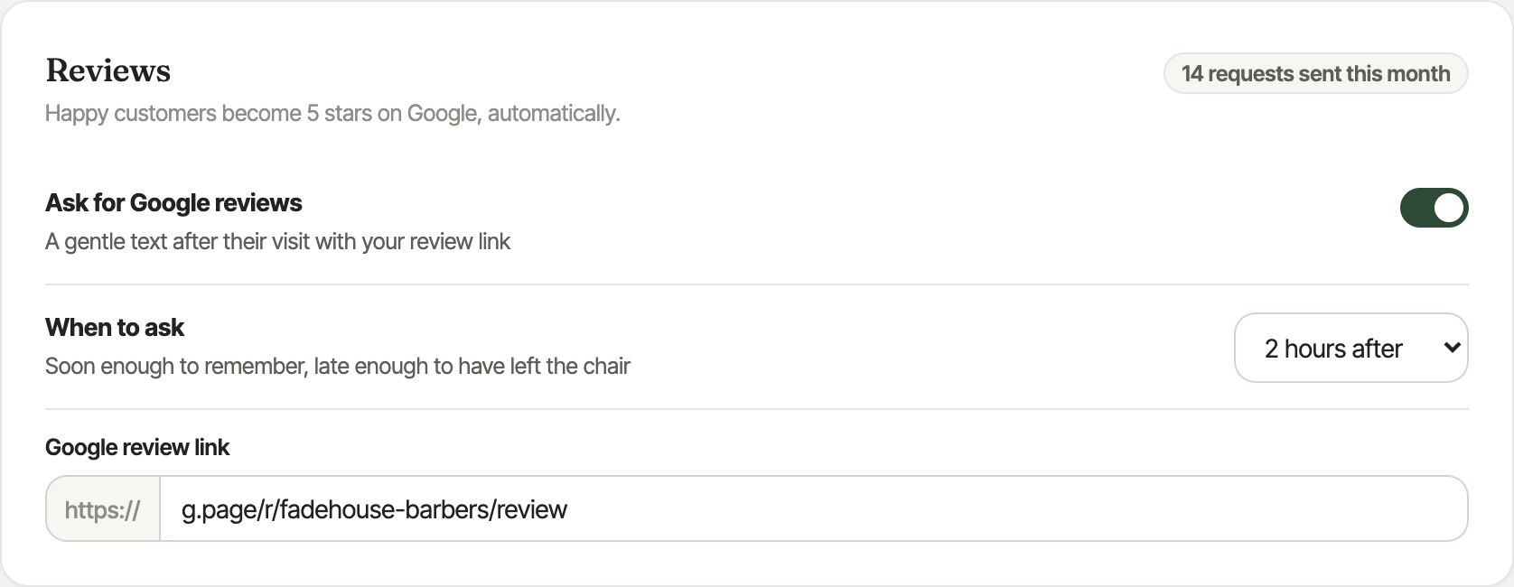 The Google review requests settings: review link field, send-time selector, and a note that you can also send a request from any booking.
