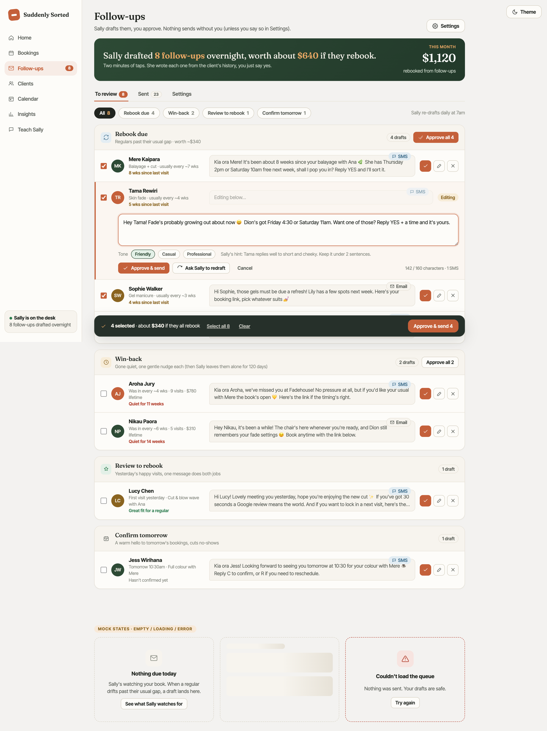 The Sally page where AI-drafted replies wait for your review.