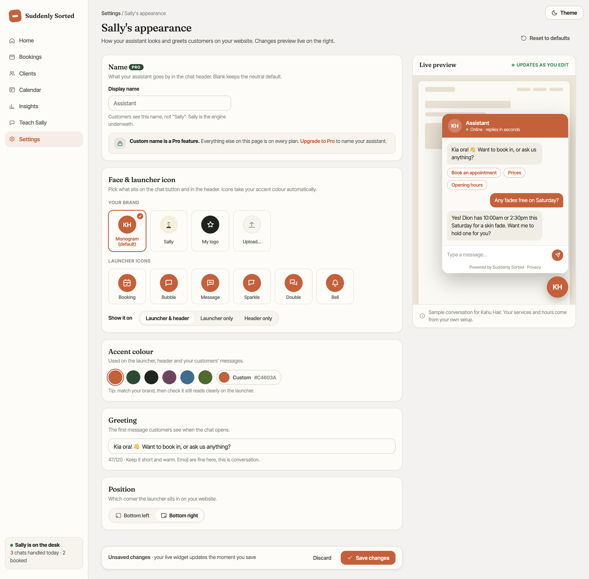 A branded customer chat widget: the salon's logo and name in the header, terracotta accent colour, a friendly booking conversation with time-slot chips, and a Powered by Suddenly Sorted footer.